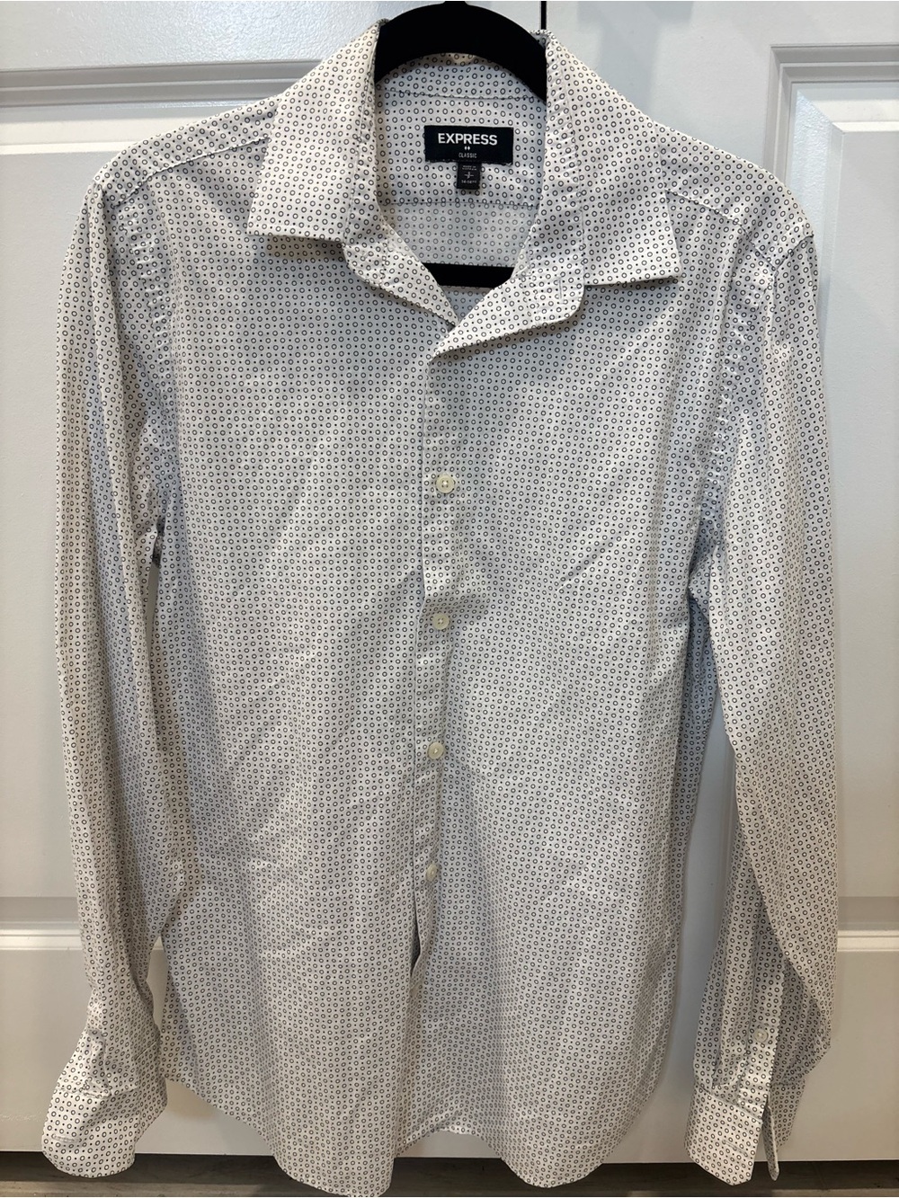 Express Men's White Dress Shirt with Navy Micro Pattern